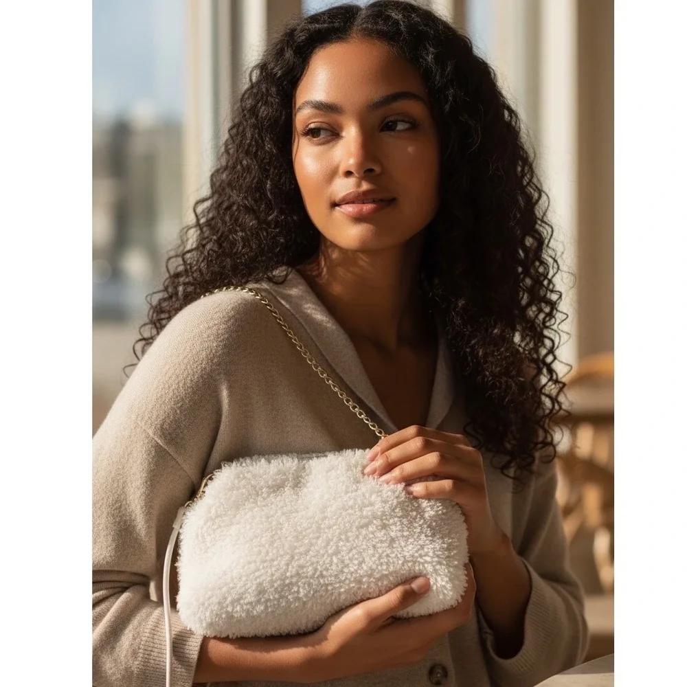 A New Day Fuzzy Sherpa Clutch Crossbody Purse Ivory Gold‎ Chain